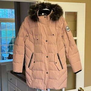 Women's Blush Puffer Coat with Fur Hood